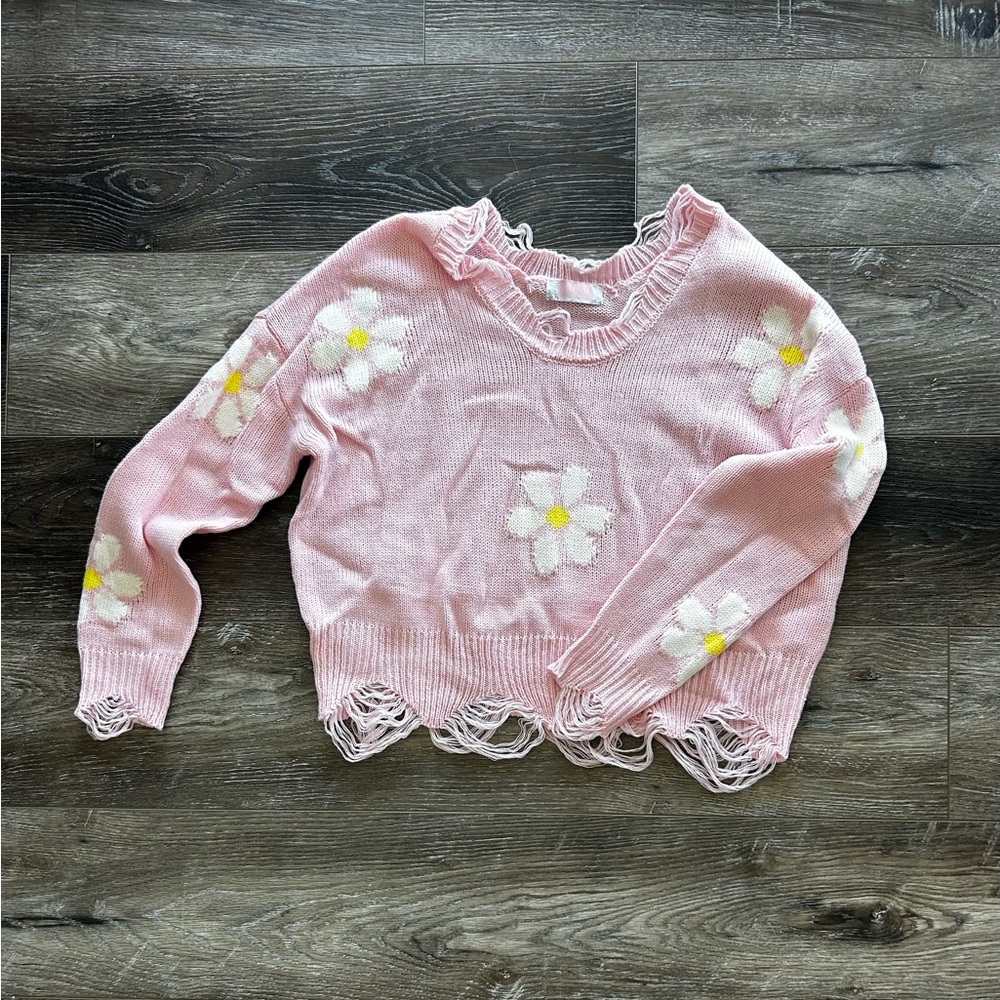 Pink with Daisies Fringed Hem Sweater